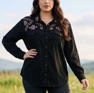 🆕 3X Diane Gilman Embellished Black Denim Shirt